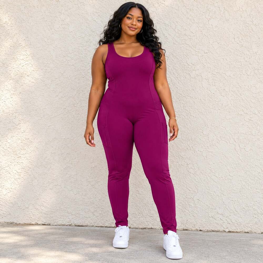 J.Dow Fitness Jumpsuit WMNS XXL Purple Scoop Neck Pockets Unitard Athleisure
